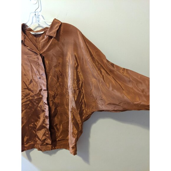 Vintage 80s Metallic Bronze Striped Blouse Button Up Satin Retro Party Fall 14 - Picture 11 of 11